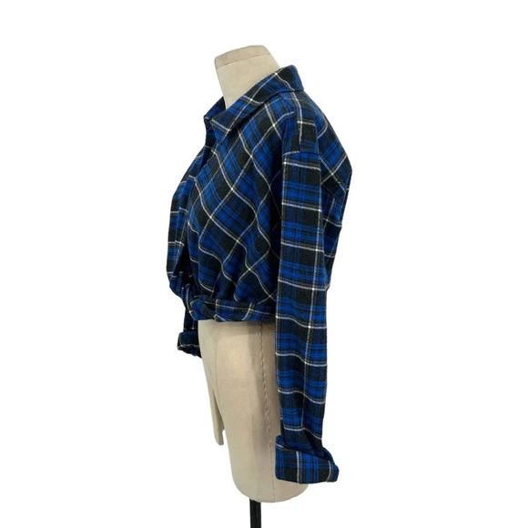 Zara‎ Blue Plaid Flannel Cropped Button Down Shirt Size XS - Picture 5 of 11